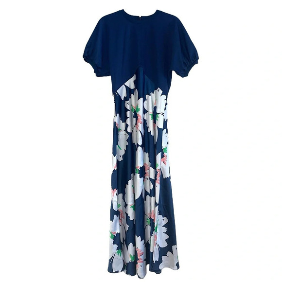 Ted Baker Dress Women’s 2 Chic Floral Midi Flare Puff Sleeve Navy Wedding Guest - Picture 4 of 13